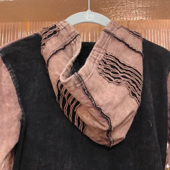 Rising International Boho Hoodie Jacket Coat Brown w Teal Purple Orange Cutouts - Picture 11 of 12